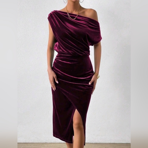 New Luxe Velvet Ruched Asymmetrical Neck Midi Dress Burgundy Red Wine - Picture 4 of 8
